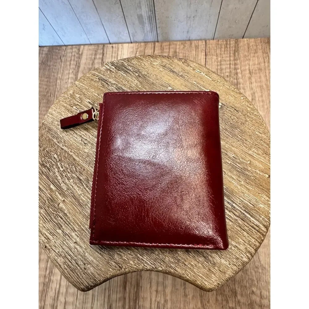 Dark Red Vegan Leather Wallet Embroidered Flower Purse Bag Wallet Fast Ship
